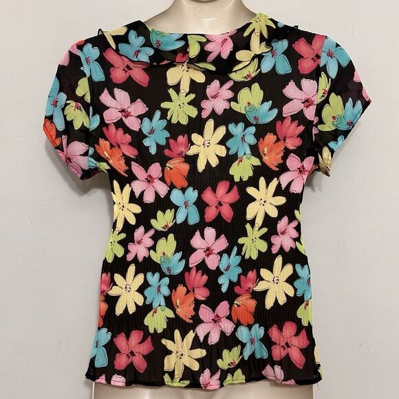 Vintage Funky Women Top XL Black Bright Floral Micro Pleat Crinkle Retro Mod Y2K - Picture 6 of 14